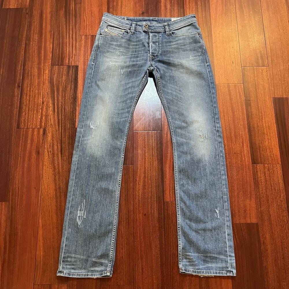 Diesel Jeans Men 33x34 Blue Viker R Box Light Wash Distressed Cow Leather Work